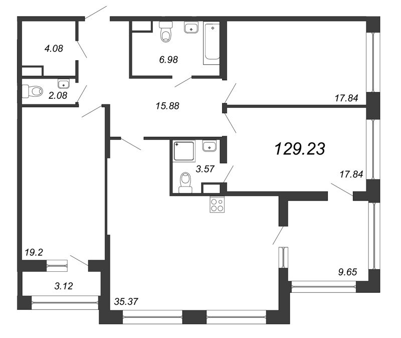 4-комнатная (Евро) квартира, 128.8 м² - планировка, фото №1