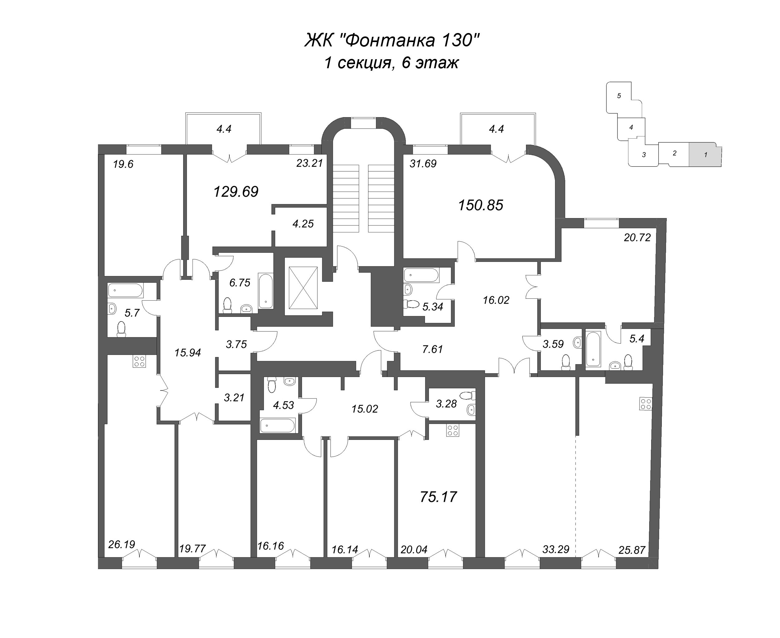 3-комнатная (Евро) квартира, 75.17 м² в ЖК "Фонтанка 130" - планировка этажа