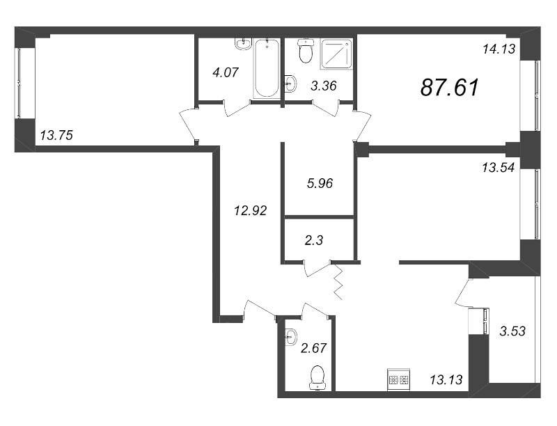 3-комнатная квартира, 87.5 м² в ЖК "Уютный" - планировка, фото №1