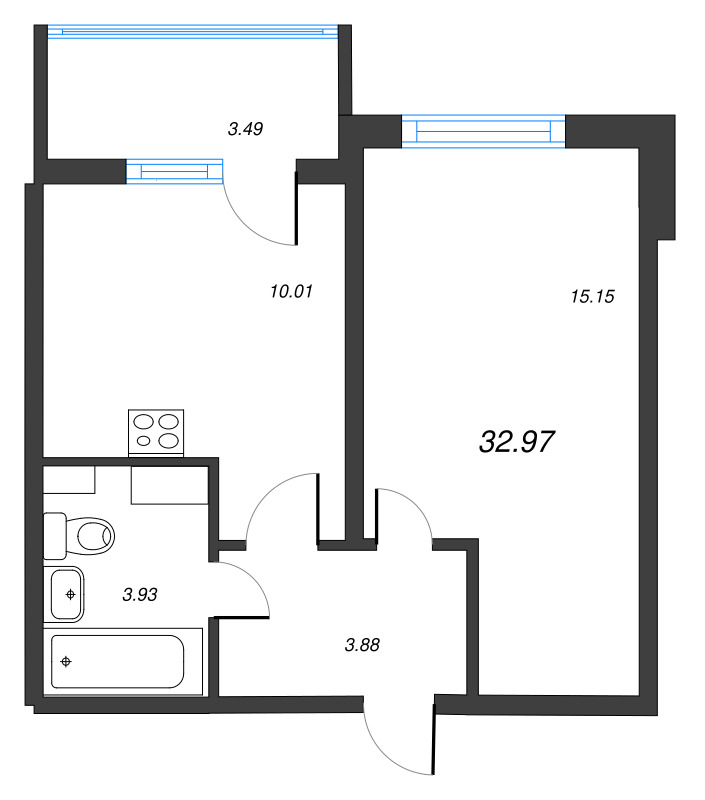 1-комнатная квартира, 32.97 м² - планировка, фото №1