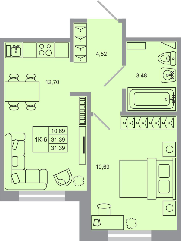 1-комнатная квартира, 31.39 м² в ЖК "Стороны света-2" - планировка, фото №1