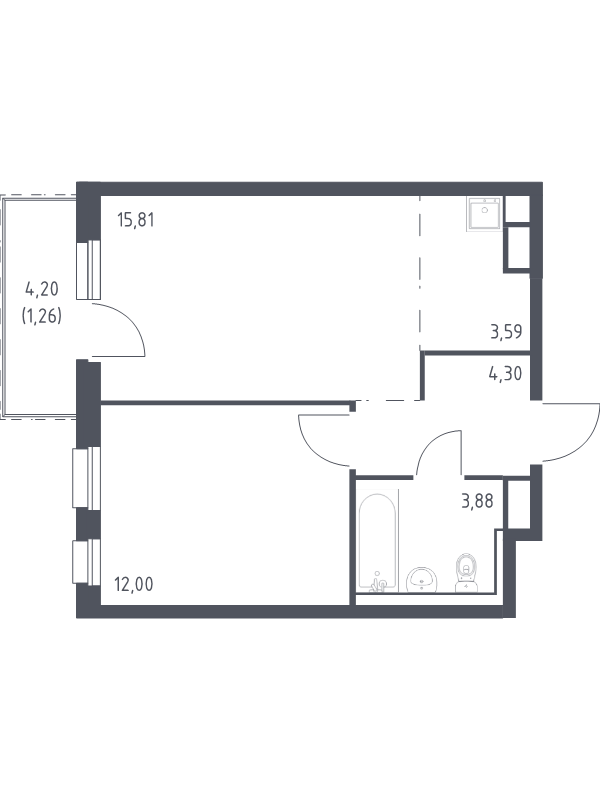 2-комнатная (Евро) квартира, 40.84 м² - планировка, фото №1