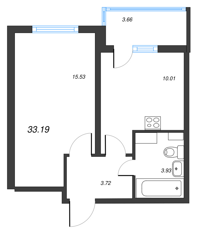 1-комнатная квартира, 33.19 м² - планировка, фото №1