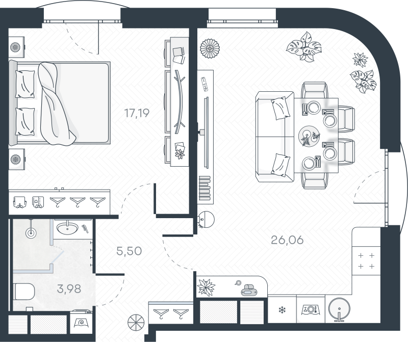 2-комнатная (Евро) квартира, 54.13 м² в ЖК "MONODOM-ART" - планировка, фото №1