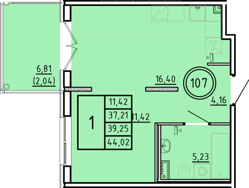 2-комнатная (Евро) квартира, 37.21 м² в ЖК "Образцовый квартал 16" - планировка, фото №1