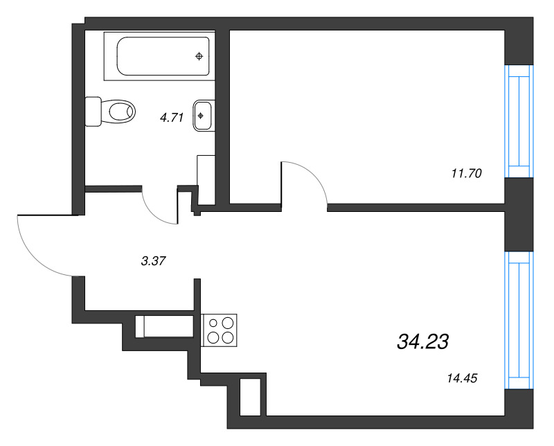 1-комнатная квартира, 34.23 м² в ЖК "ID Murino III" - планировка, фото №1