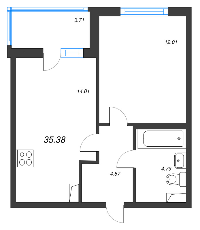 1-комнатная квартира, 35.38 м² в ЖК "Ясно.Янино" - планировка, фото №1