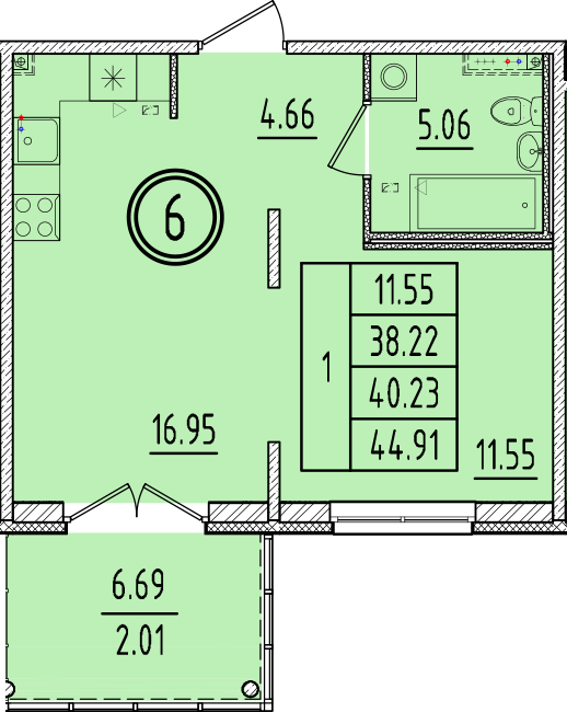 2-комнатная (Евро) квартира, 38.22 м² в ЖК "Образцовый квартал 6.4" - планировка, фото №1