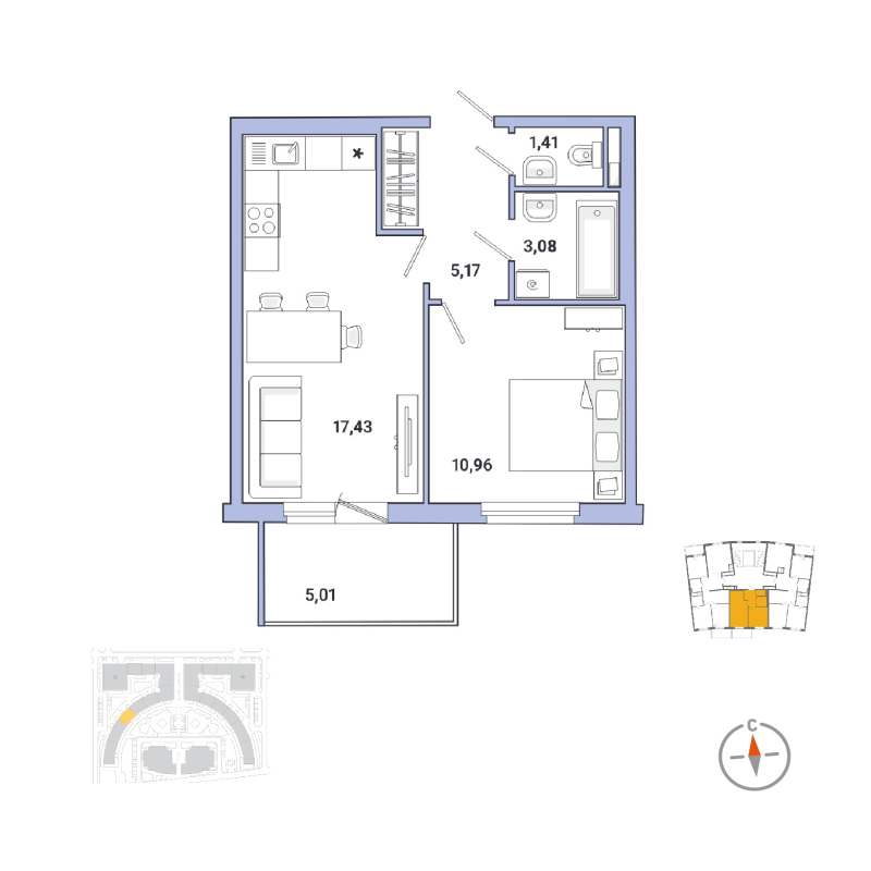 2-комнатная (Евро) квартира, 40.1 м² в ЖК "OKLA" - планировка, фото №1