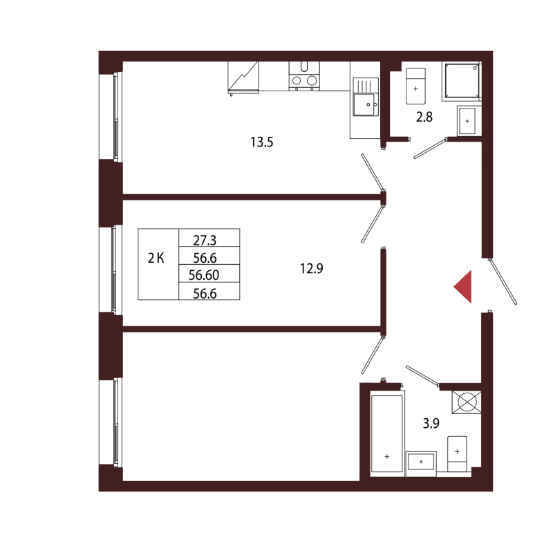 2-комнатная квартира, 56.6 м² в ЖК "Лисино" - планировка, фото №1
