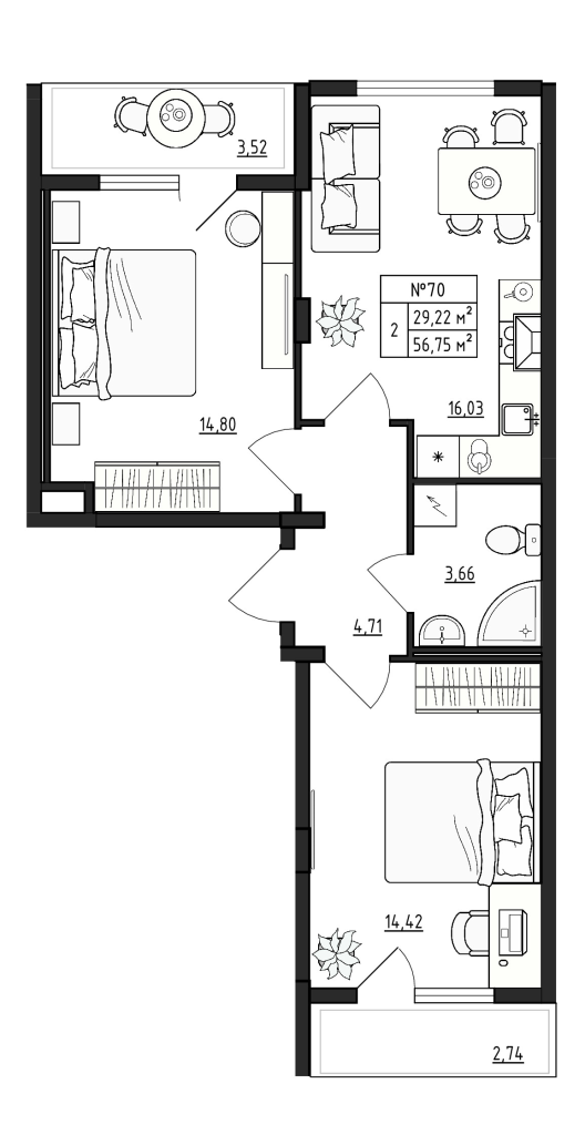 3-комнатная (Евро) квартира, 56.75 м² - планировка, фото №1