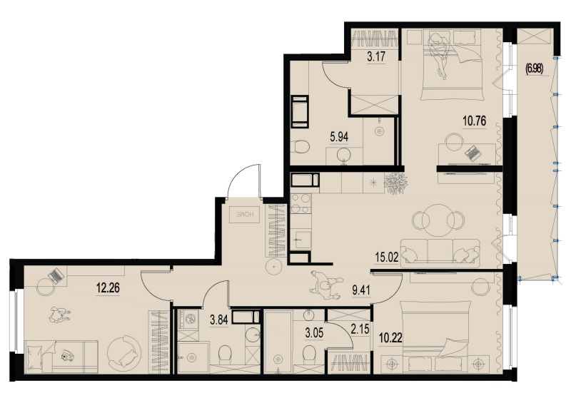 4-комнатная (Евро) квартира, 77.91 м² в ЖК "ID Murino III" - планировка, фото №1