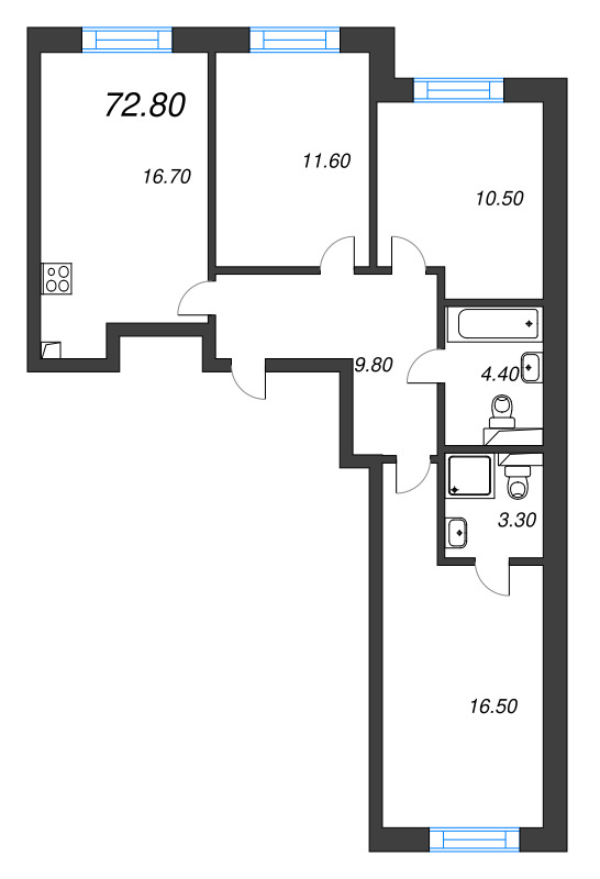 4-комнатная (Евро) квартира, 72.8 м² - планировка, фото №1