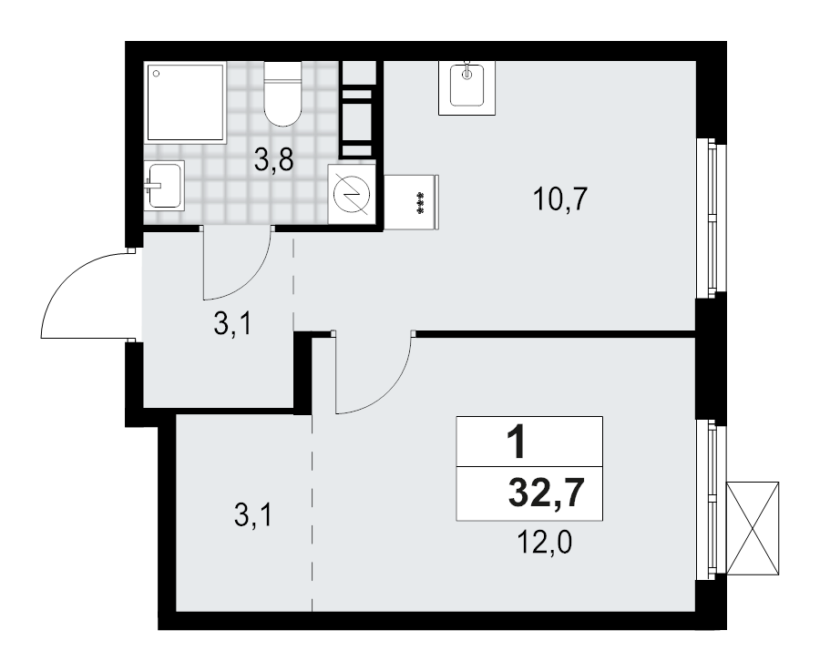 1-комнатная квартира, 32.7 м² - планировка, фото №1