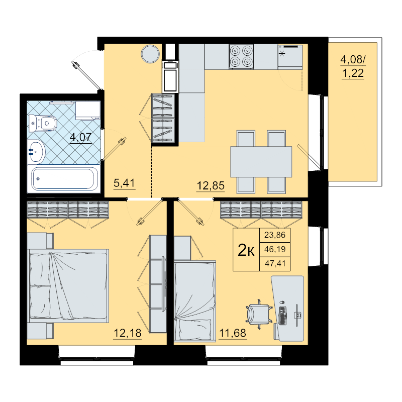 2-комнатная квартира, 47.4 м² - планировка, фото №1