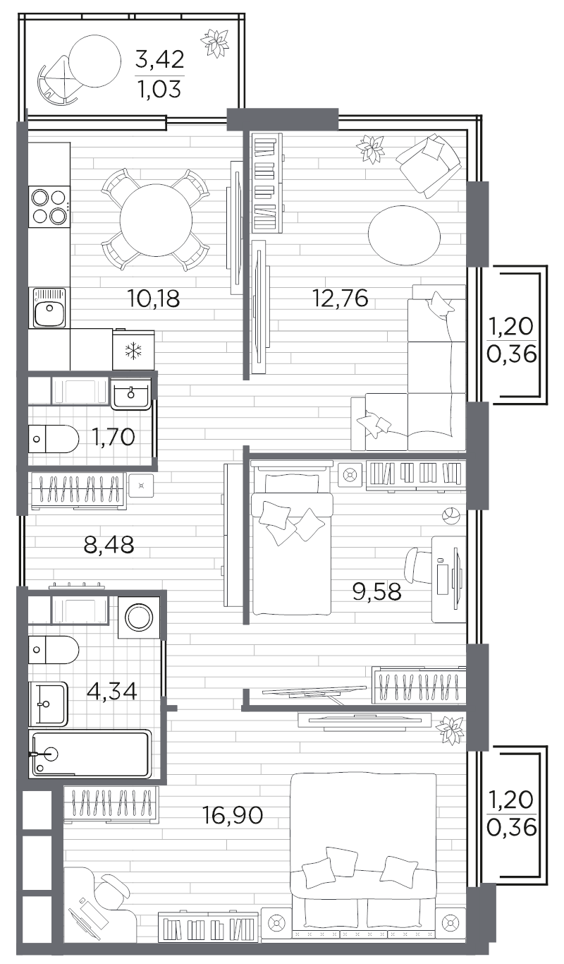 3-комнатная квартира, 66.3 м² в ЖК "Плюс Пулковский" - планировка, фото №1