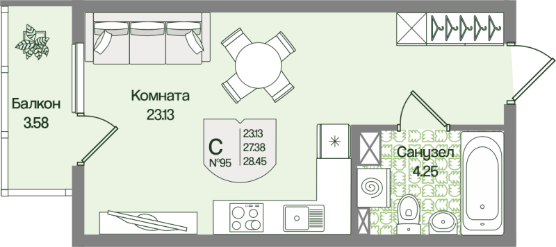 Квартира-студия, 28.45 м² в ЖК "Охтинские высоты" - планировка, фото №1