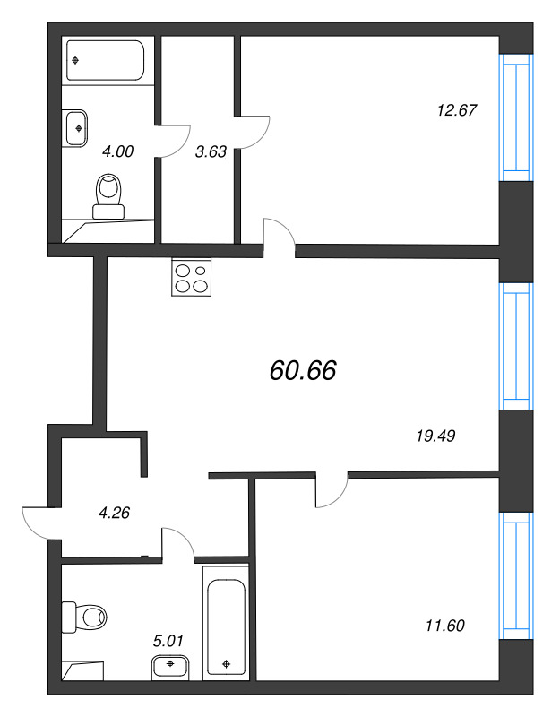 3-комнатная (Евро) квартира, 60.66 м² в ЖК "Остров Первых" - планировка, фото №1
