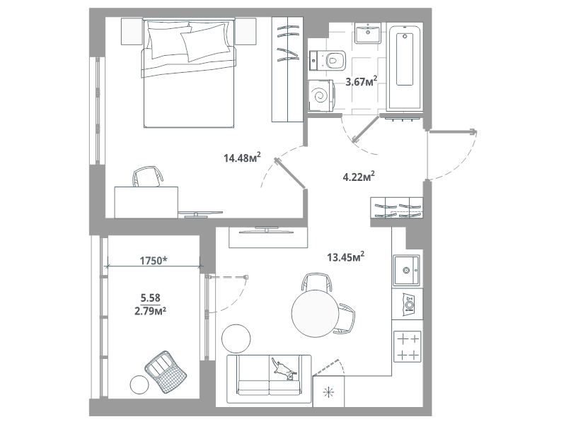 1-комнатная квартира, 38.61 м² в ЖК "ЛесАрт" - планировка, фото №1