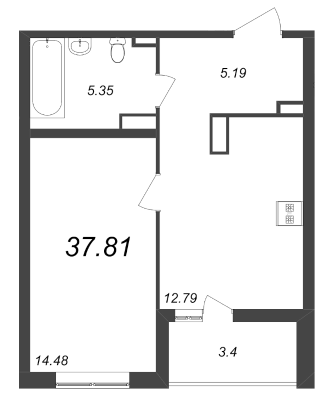 1-комнатная квартира, 37.81 м² - планировка, фото №1