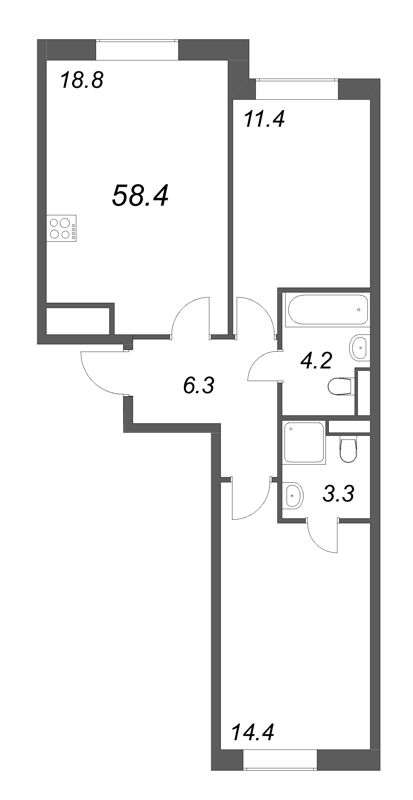3-комнатная (Евро) квартира, 58.4 м² в ЖК "Большая Охта" - планировка, фото №1