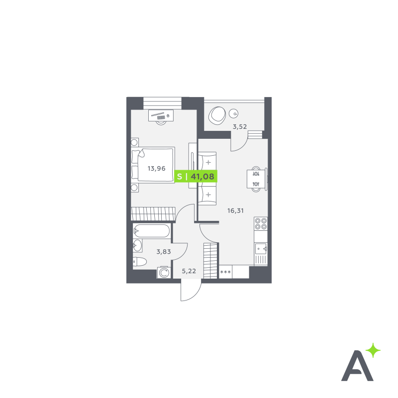 2-комнатная (Евро) квартира, 40.71 м² в ЖК "Аквилон Verba" - планировка, фото №1