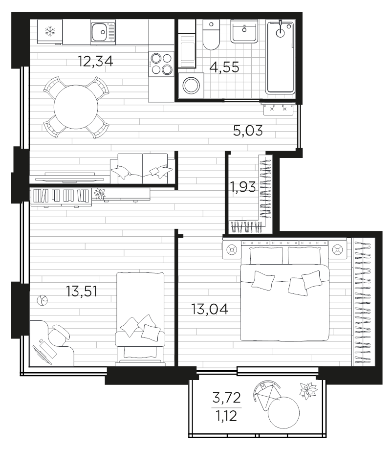 2-комнатная квартира, 51.52 м² в ЖК "PLUS Пулковский" - планировка, фото №1