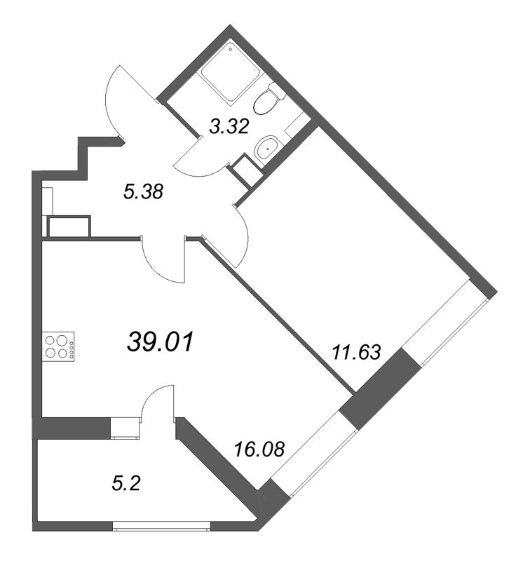 2-комнатная (Евро) квартира, 39.01 м² - планировка, фото №1