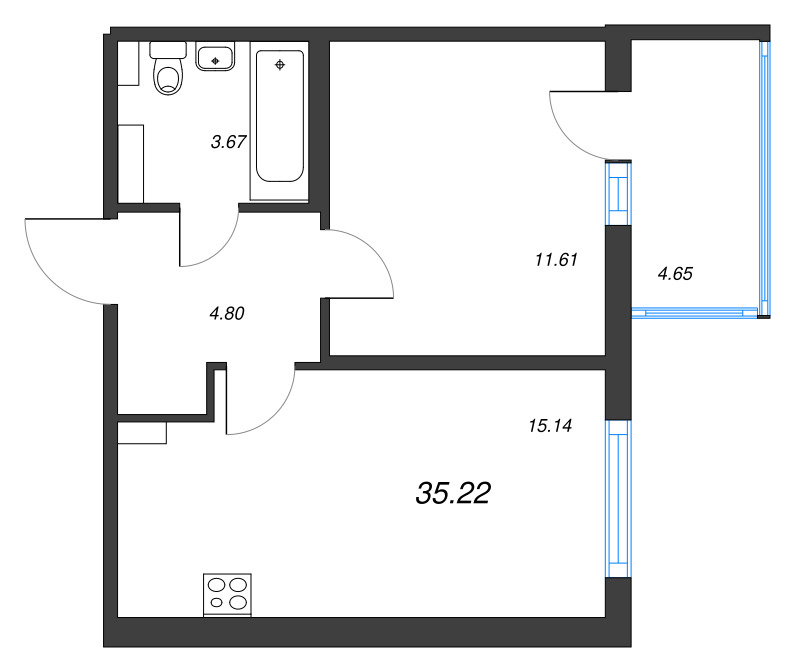 2-комнатная (Евро) квартира, 35.22 м² - планировка, фото №1