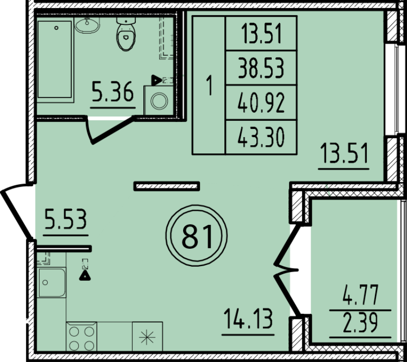 1-комнатная квартира, 38.53 м² в ЖК "Образцовый квартал 14" - планировка, фото №1