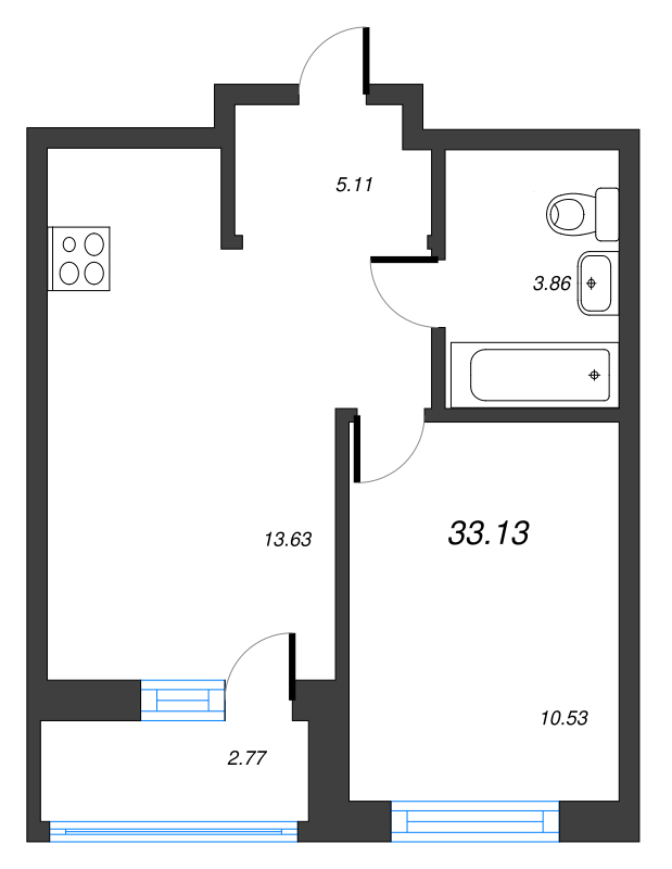 2-комнатная (Евро) квартира, 33.13 м² в ЖК "Город Первых" - планировка, фото №1