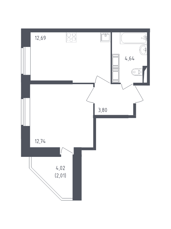 1-комнатная квартира, 35.88 м² - планировка, фото №1