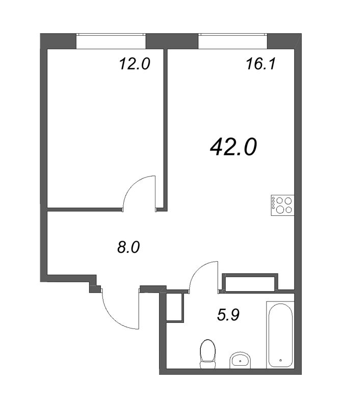 2-комнатная (Евро) квартира, 42 м² в ЖК "Куинджи" - планировка, фото №1