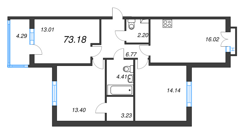 4-комнатная (Евро) квартира, 73.18 м² в ЖК "Любоград" - планировка, фото №1