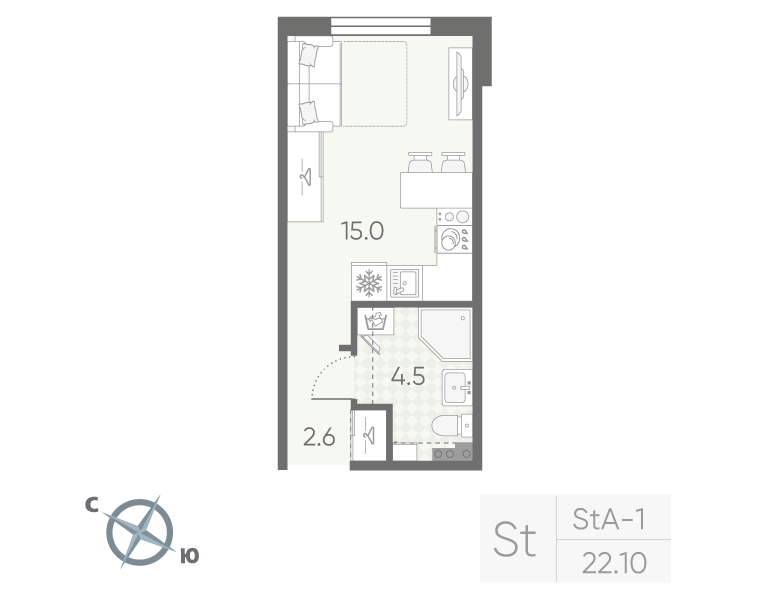 Квартира-студия, 22.1 м² в ЖК "Пулково Lake" - планировка, фото №1