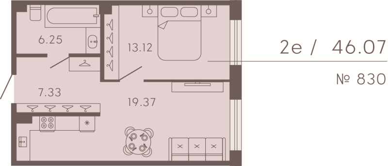 2-комнатная (Евро) квартира, 46.07 м² в ЖК "17/33 Петровский остров" - планировка, фото №1