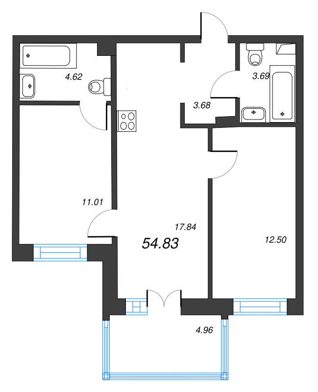 3-комнатная (Евро) квартира, 54.83 м² в ЖК "Тишин" - планировка, фото №1