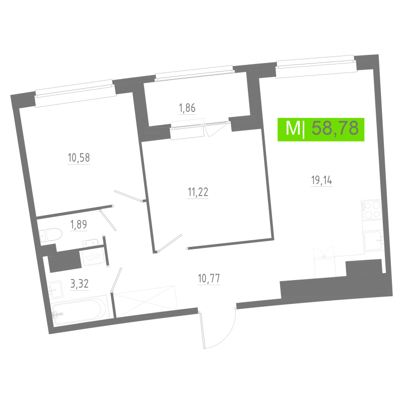 3-комнатная (Евро) квартира, 58.78 м² в ЖК "Аквилон РИВА" - планировка, фото №1