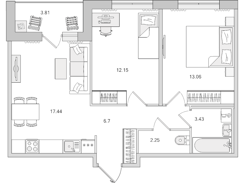 3-комнатная (Евро) квартира, 58.84 м² в ЖК "Dreamline" - планировка, фото №1