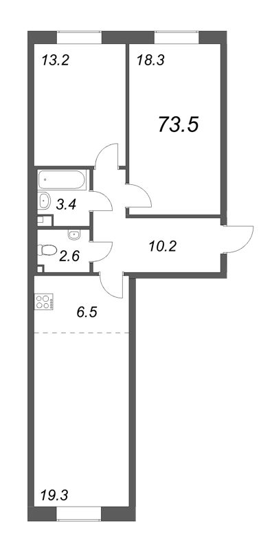 3-комнатная (Евро) квартира, 73.2 м² - планировка, фото №1