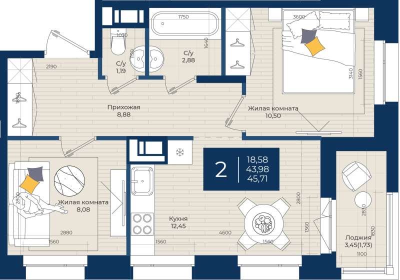 2-комнатная квартира, 45.71 м² в ЖК "Новатория" - планировка, фото №1