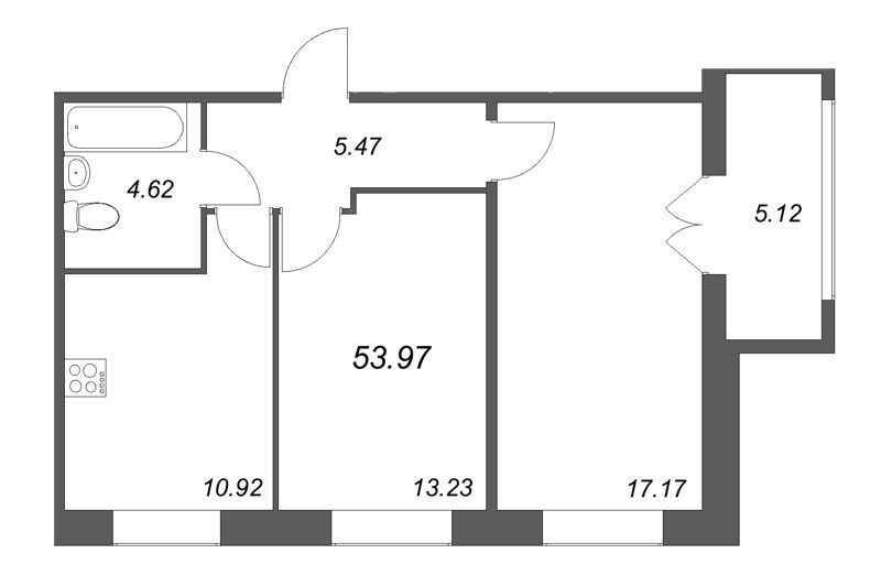 2-комнатная квартира, 53.97 м² в ЖК "Рождественский квартал" - планировка, фото №1