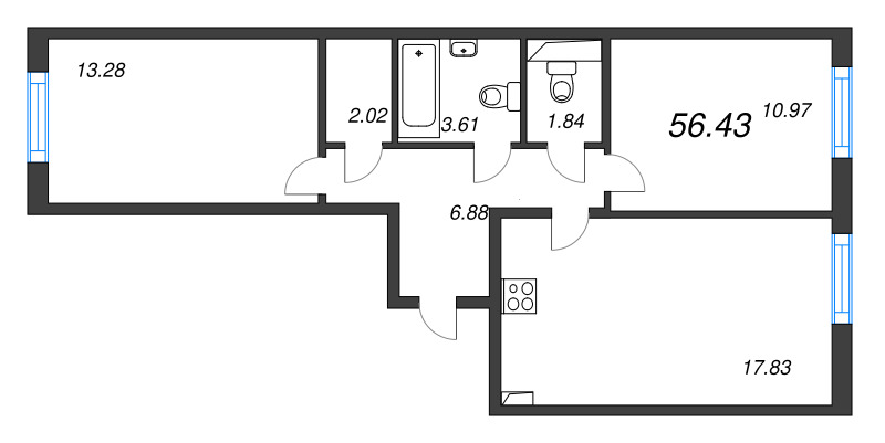 3-комнатная (Евро) квартира, 56.43 м² - планировка, фото №1