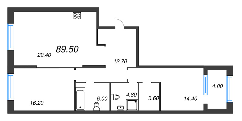 3-комнатная (Евро) квартира, 89.5 м² - планировка, фото №1