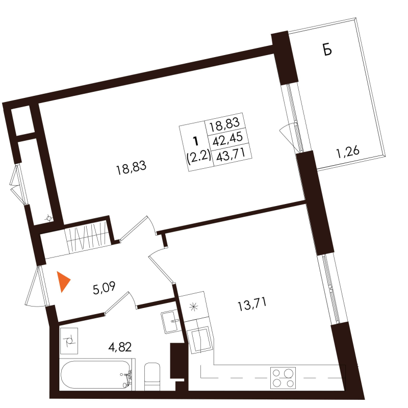 1-комнатная квартира, 43.71 м² - планировка, фото №1