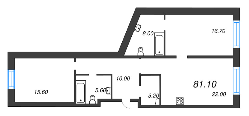 3-комнатная (Евро) квартира, 81.1 м² - планировка, фото №1