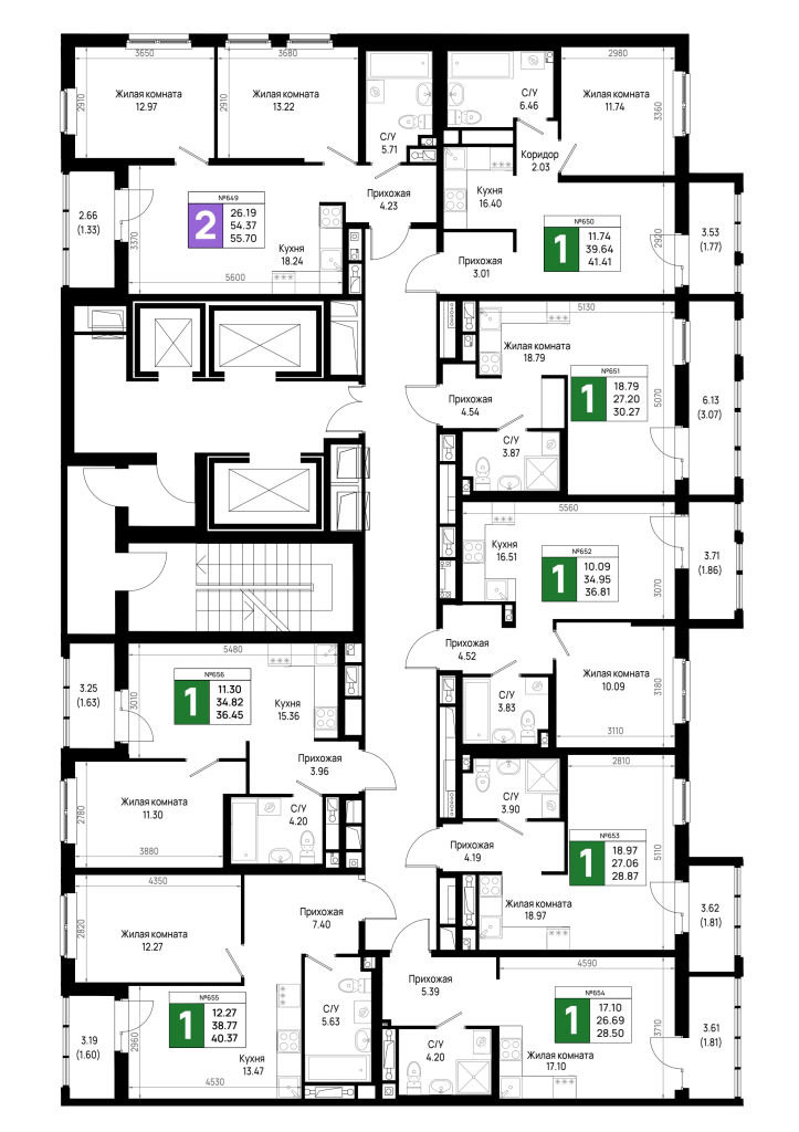 2-комнатная (Евро) квартира, 36.45 м² в ЖК "Имена" - планировка этажа