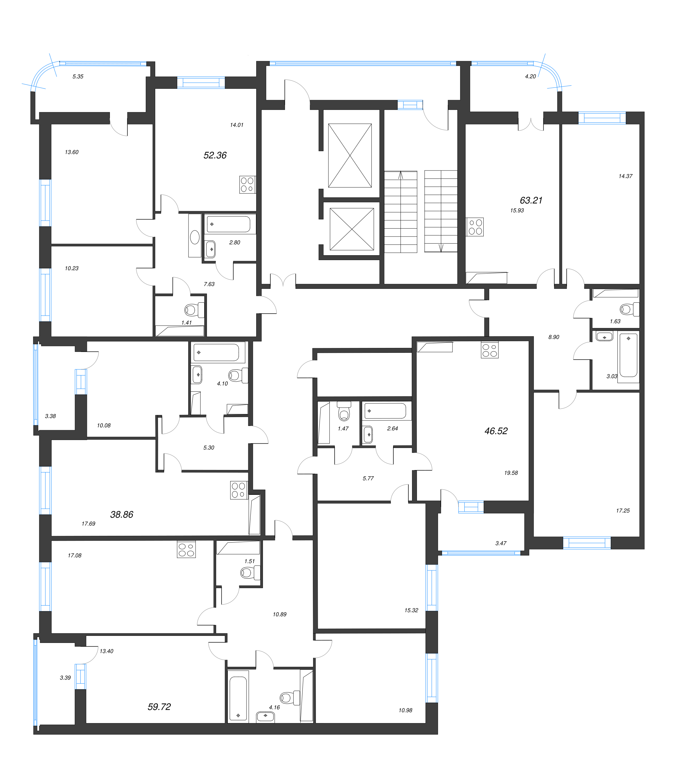 2-комнатная (Евро) квартира, 38.86 м² - планировка этажа