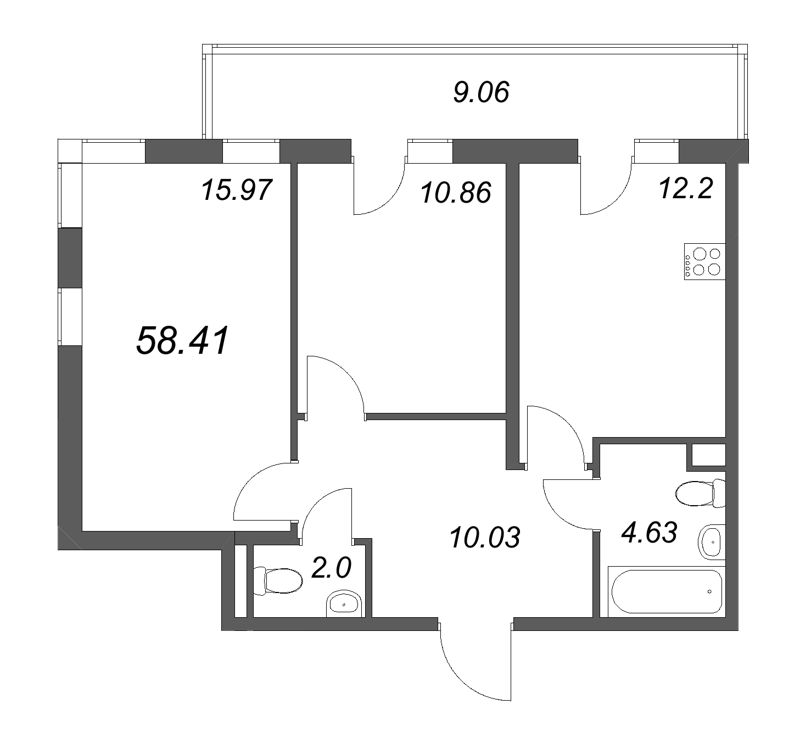 2-комнатная квартира, 58.41 м² в ЖК "Новая история" - планировка, фото №1