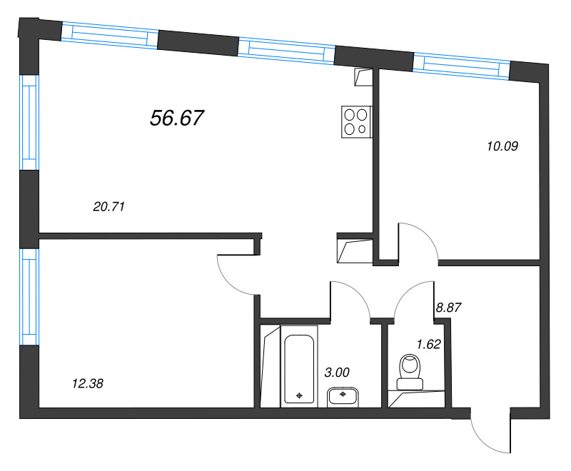 3-комнатная (Евро) квартира, 56.67 м² в ЖК "Legenda Васильевского" - планировка, фото №1